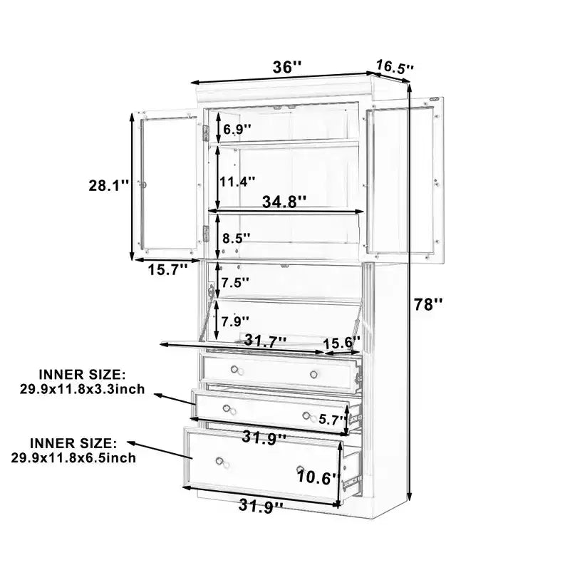 Whisen 78, Meuble de rangement de cuisine autoportant, Armoire haute avec étagères réglables, 3 tiroirs