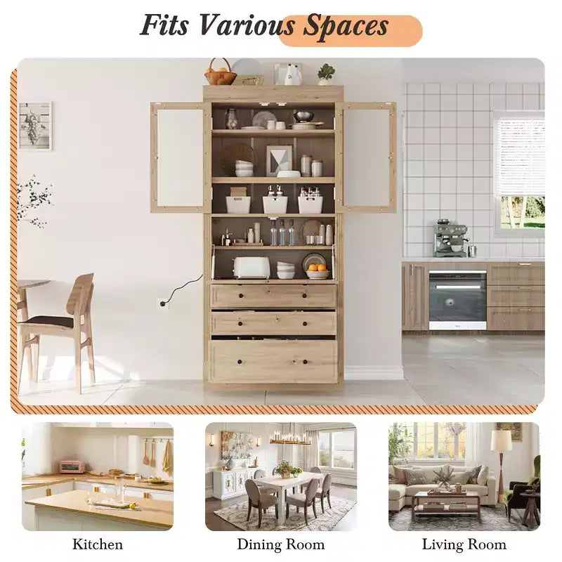 Whisen 78, Meuble de rangement de cuisine autoportant, Armoire haute avec étagères réglables, 3 tiroirs