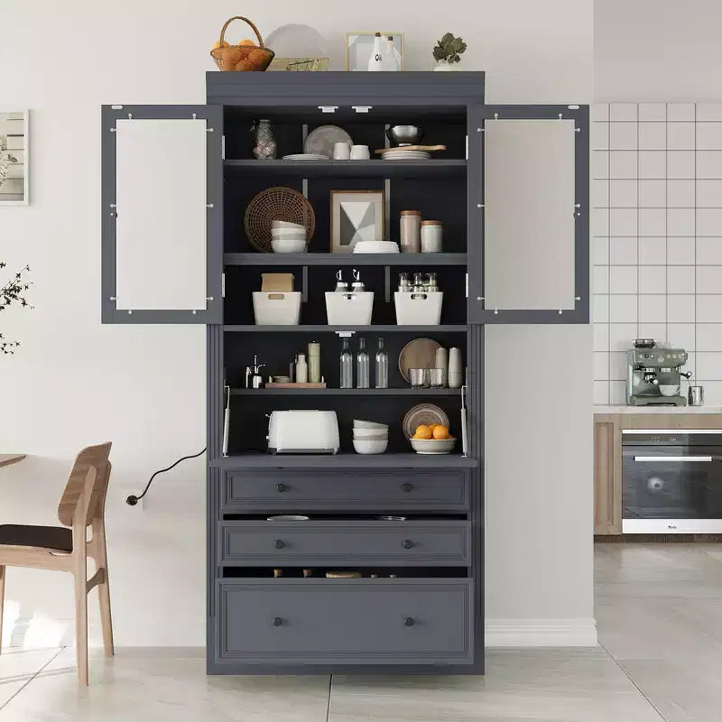 Whisen 78, Meuble de rangement de cuisine autoportant, Armoire haute avec étagères réglables, 3 tiroirs