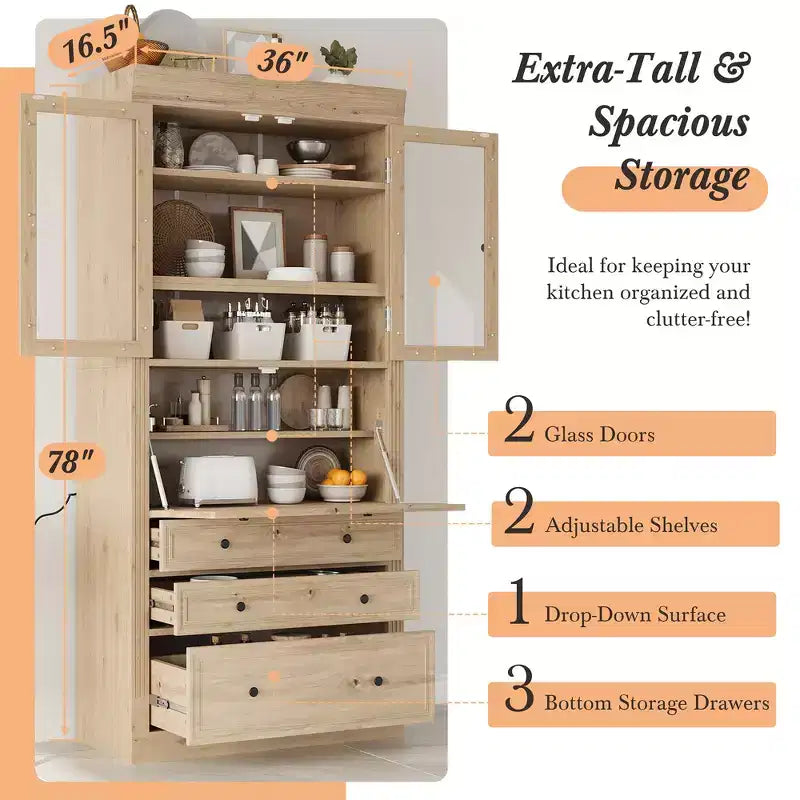 Whisen 78, Meuble de rangement de cuisine autoportant, Armoire haute avec étagères réglables, 3 tiroirs