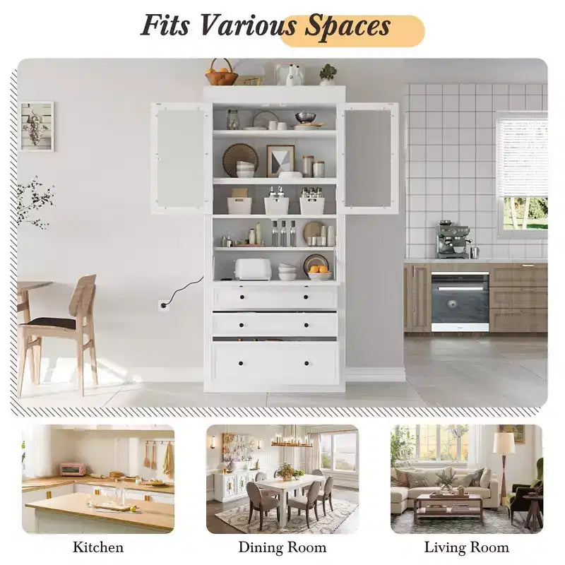 Whisen 78, Meuble de rangement de cuisine autoportant, Armoire haute avec étagères réglables, 3 tiroirs
