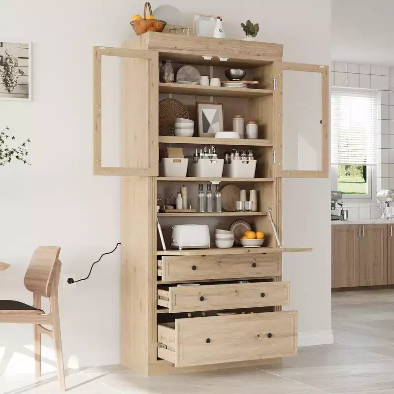 Whisen 78, Meuble de rangement de cuisine autoportant, Armoire haute avec étagères réglables, 3 tiroirs