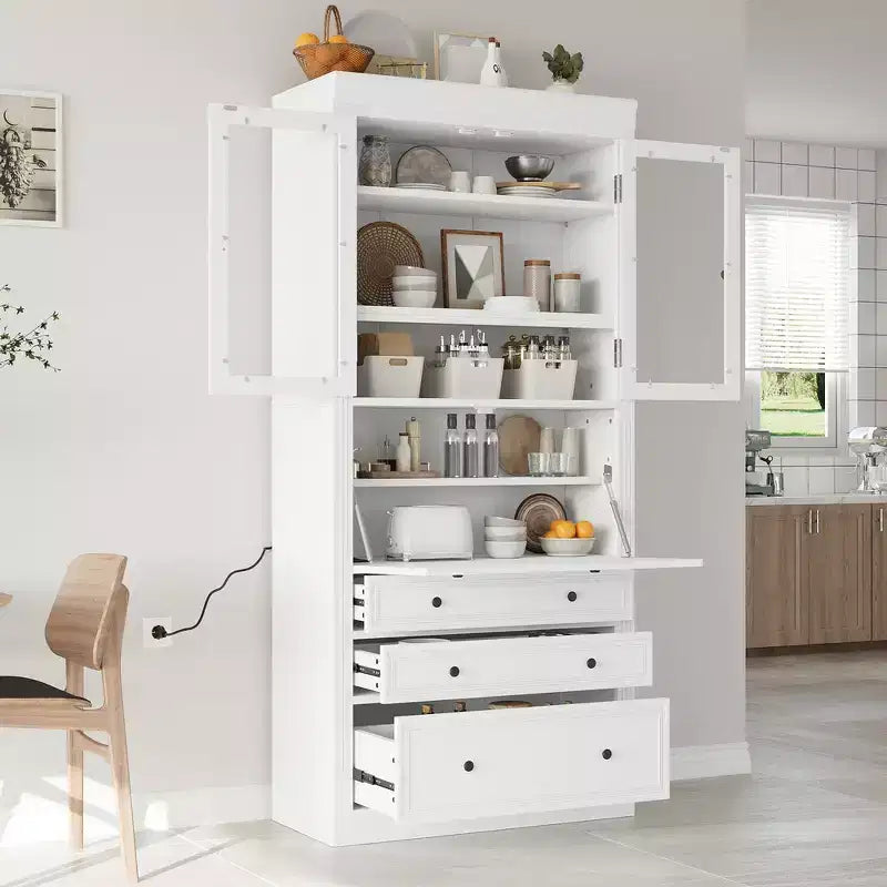 Whisen 78, Meuble de rangement de cuisine autoportant, Armoire haute avec étagères réglables, 3 tiroirs