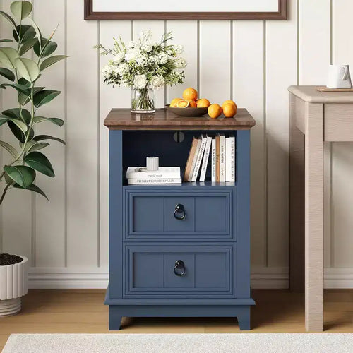 Table de chevet en bois de 18 pouces, table de chevet moderne cannelée, meuble de classement à deux tiroirs avec étagère, table d'appoint de chevet pour salon