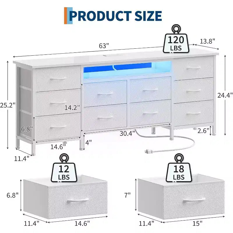 Meuble TV pour téléviseurs de 65, 70, 75 pouces, commode longue à 10 tiroirs avec prises de courant et lumières LED, meuble de divertissement de 63 pouces avec tiroirs de rangement