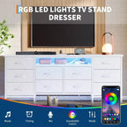 Meuble TV pour téléviseurs de 65, 70, 75 pouces, commode longue à 10 tiroirs avec prises de courant et lumières LED, meuble de divertissement de 63 pouces avec tiroirs de rangement