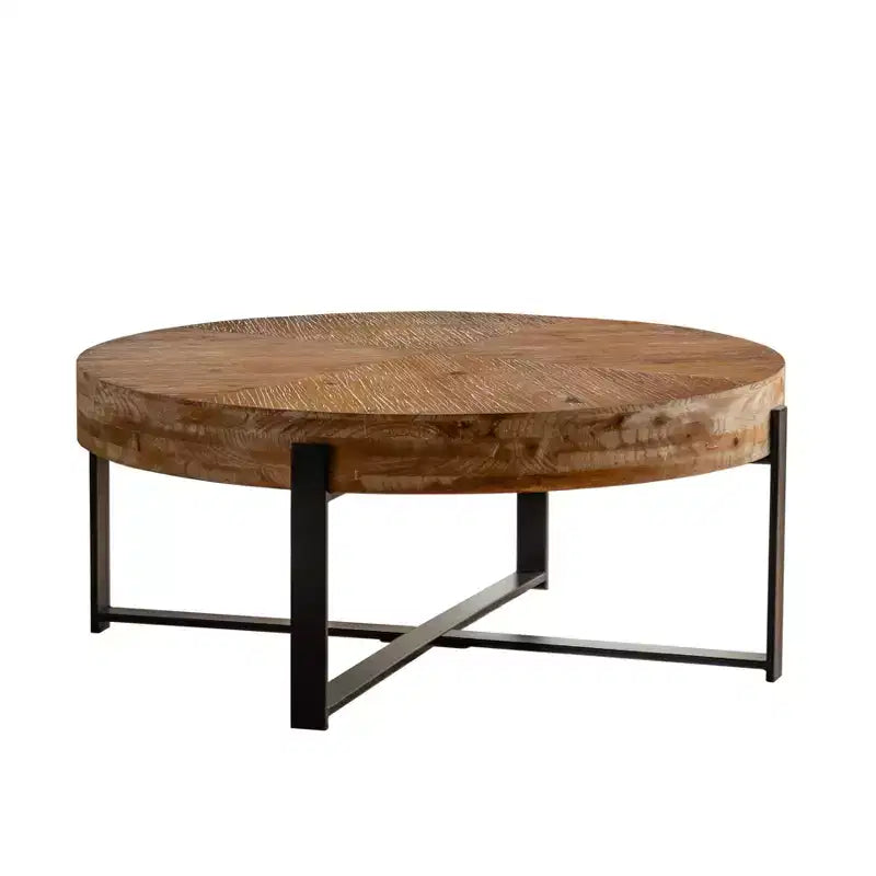 Table basse ronde Table basse circulaire moderne avec plateau en bois de sapin et piètement en croix