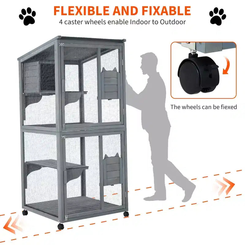 Enclos pour chat, Catio en bois 4 niveaux de 175 cm - Toit étanche 94x86x175cm Plateau amovible Roulettes verrouillables Accès multiples Intérieur/Extérieur
