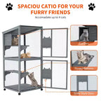 Enclos pour chat, Catio en bois 4 niveaux de 175 cm - Toit étanche 94x86x175cm Plateau amovible Roulettes verrouillables Accès multiples Intérieur/Extérieur