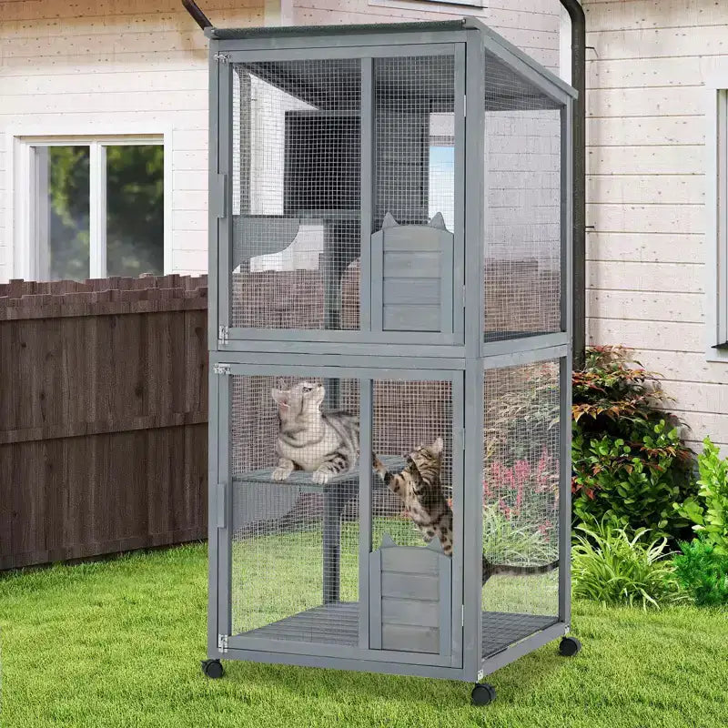 Enclos pour chat, Catio en bois 4 niveaux de 175 cm - Toit étanche 94x86x175cm Plateau amovible Roulettes verrouillables Accès multiples Intérieur/Extérieur