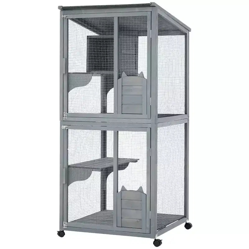 Enclos pour chat, Catio en bois 4 niveaux de 175 cm - Toit étanche 94x86x175cm Plateau amovible Roulettes verrouillables Accès multiples Intérieur/Extérieur