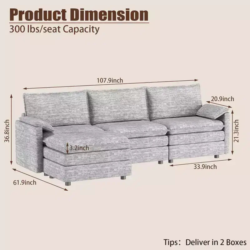 Canapé modulaire sectionnel nuage 108, canapé nuage confortable avec ottoman mobile, canapé modulaire d'angle moderne en chenille avec ottoman, canapé sectionnel pour appartement