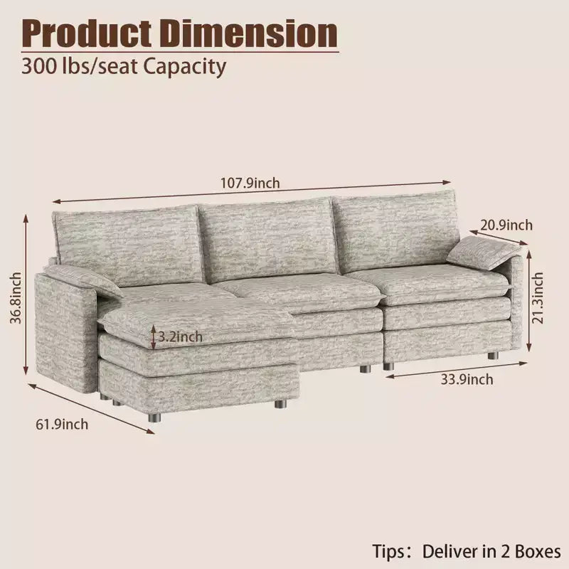 Canapé modulaire sectionnel nuage 108, canapé nuage confortable avec ottoman mobile, canapé modulaire d'angle moderne en chenille avec ottoman, canapé sectionnel pour appartement