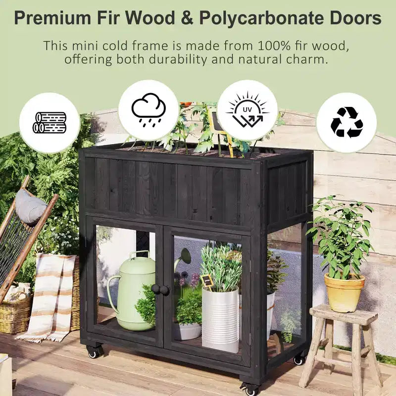 MAYEERTY Mini-serre froide 90 x 45 x 95 cm, 2 portes, sur roulettes, intérieur/extérieur, noire