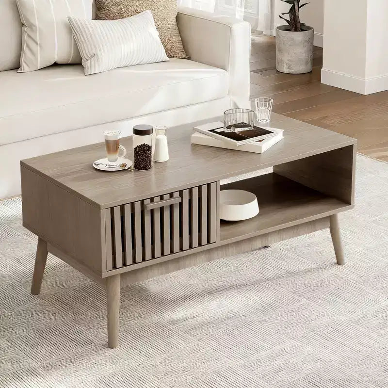 Table basse de 100 cm avec rangement et pieds en bois robustes, design rectangulaire à 2 niveaux pour salon