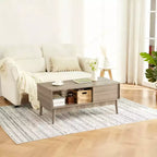Table basse de 100 cm avec rangement et pieds en bois robustes, design rectangulaire à 2 niveaux pour salon