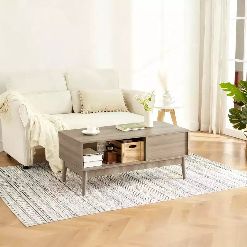 Table basse de 100 cm avec rangement et pieds en bois robustes, design rectangulaire à 2 niveaux pour salon