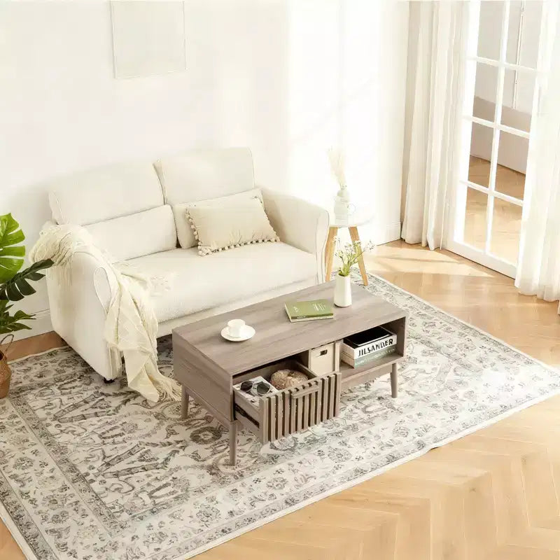 Table basse de 100 cm avec rangement et pieds en bois robustes, design rectangulaire à 2 niveaux pour salon