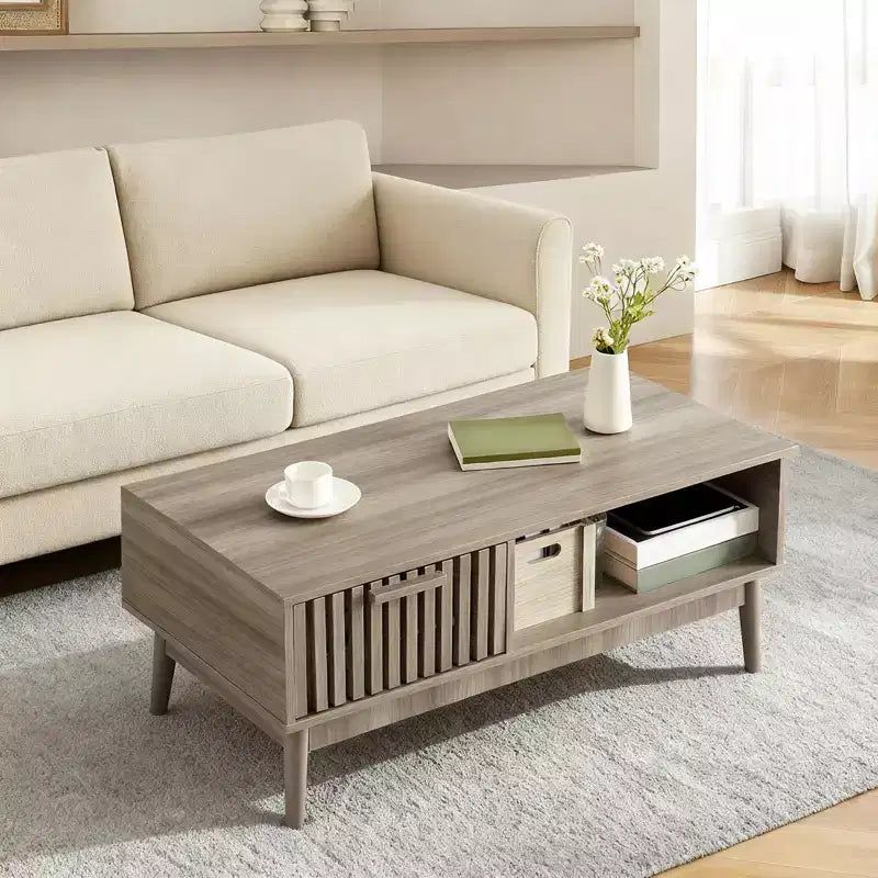 Table basse de 100 cm avec rangement et pieds en bois robustes, design rectangulaire à 2 niveaux pour salon