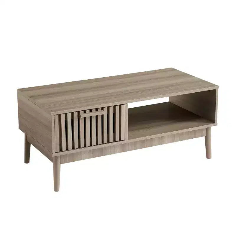 Table basse de 100 cm avec rangement et pieds en bois robustes, design rectangulaire à 2 niveaux pour salon