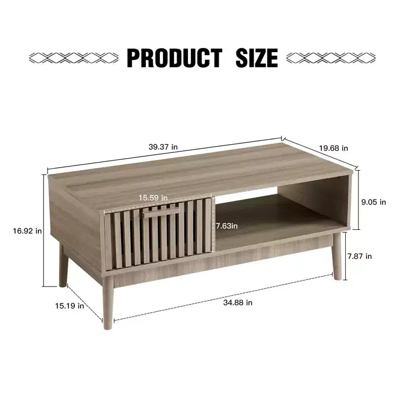 Table basse de 100 cm avec rangement et pieds en bois robustes, design rectangulaire à 2 niveaux pour salon