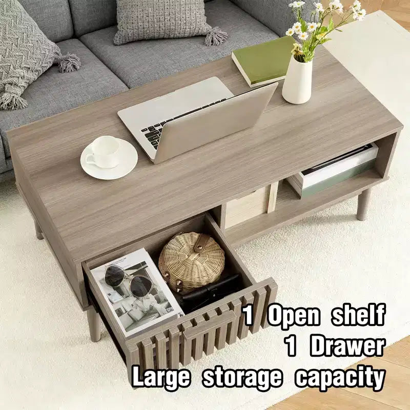 Table basse de 100 cm avec rangement et pieds en bois robustes, design rectangulaire à 2 niveaux pour salon