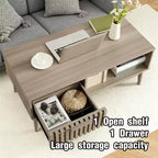 Table basse de 100 cm avec rangement et pieds en bois robustes, design rectangulaire à 2 niveaux pour salon
