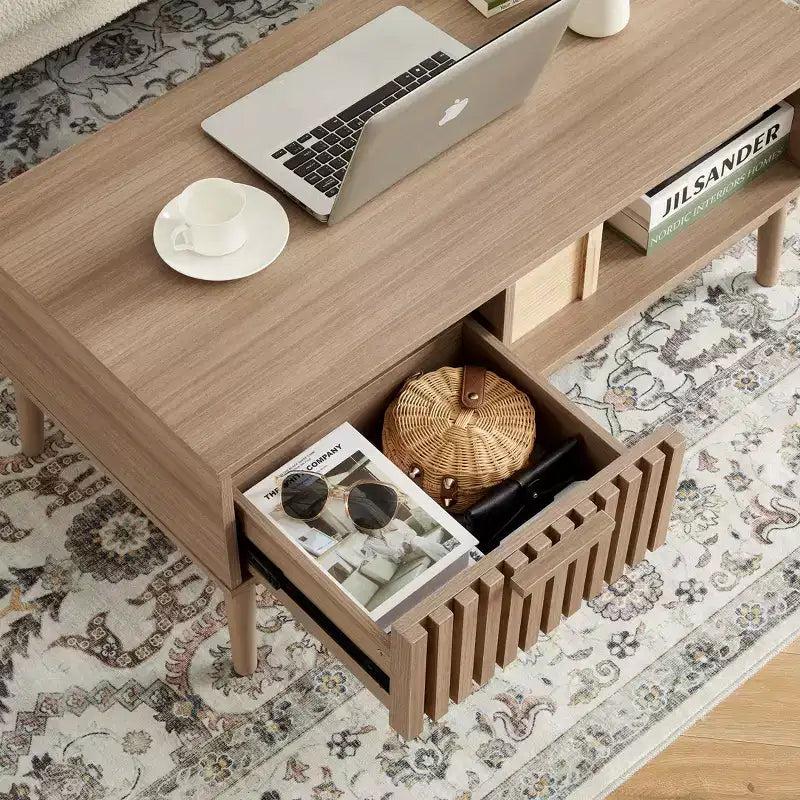 Table basse de 100 cm avec rangement et pieds en bois robustes, design rectangulaire à 2 niveaux pour salon