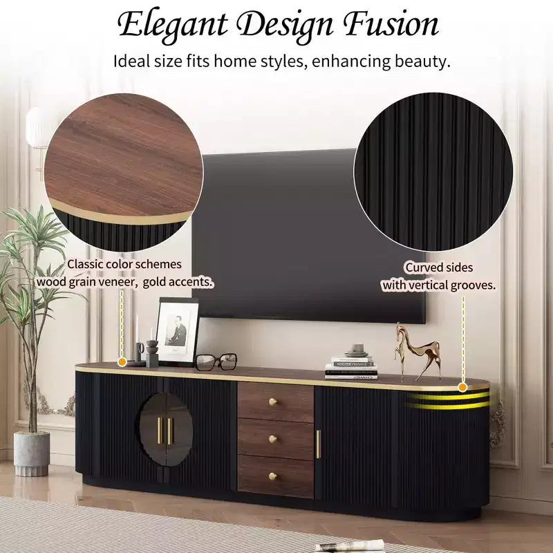 Meuble TV moderne avec tiroirs pour téléviseur de 80 pouces, meuble de rangement TV avec étagère, console multimédia avec placards et poignées en métal