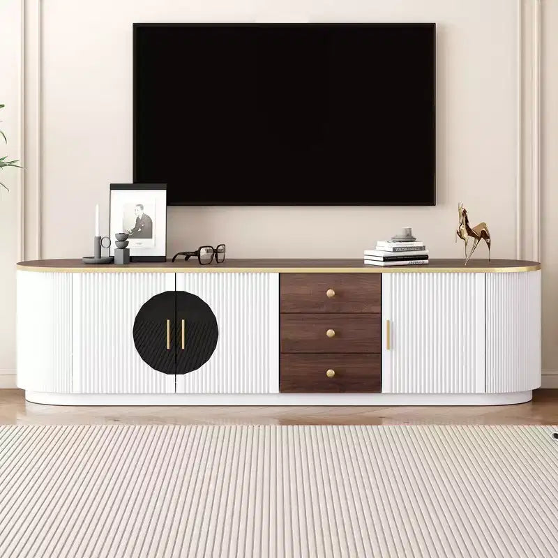 Meuble TV moderne avec tiroirs pour téléviseur de 80 pouces, meuble de rangement TV avec étagère, console multimédia avec placards et poignées en métal