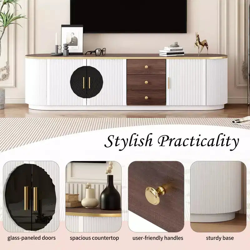 Meuble TV moderne avec tiroirs pour téléviseur de 80 pouces, meuble de rangement TV avec étagère, console multimédia avec placards et poignées en métal