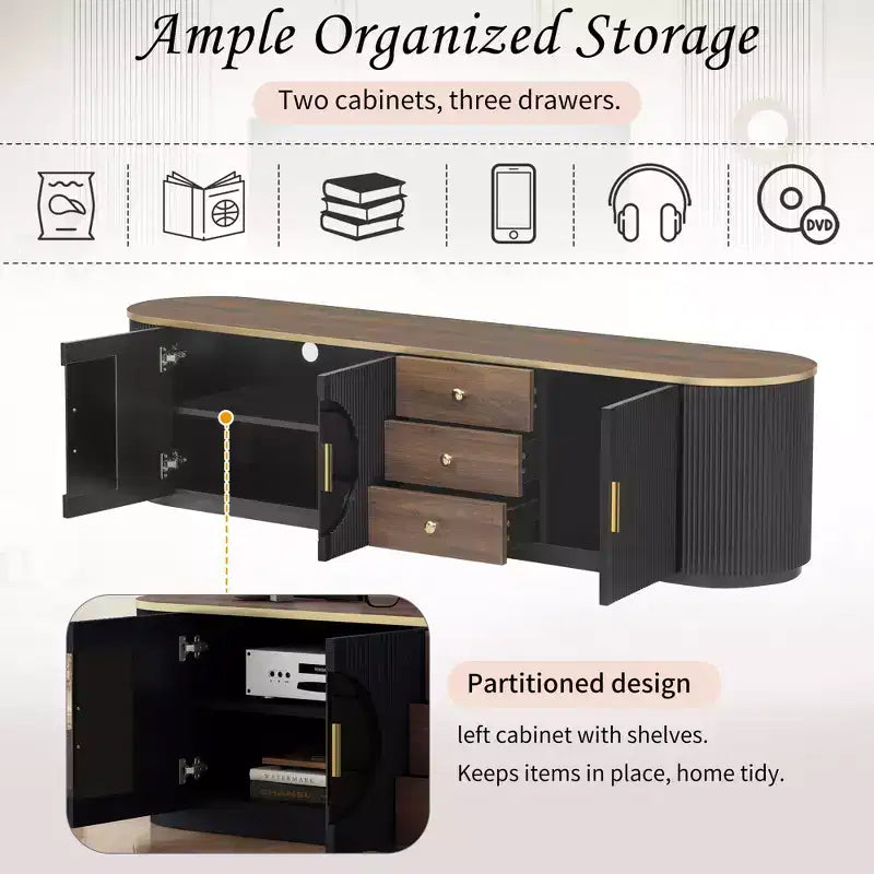Meuble TV moderne avec tiroirs pour téléviseur de 80 pouces, meuble de rangement TV avec étagère, console multimédia avec placards et poignées en métal