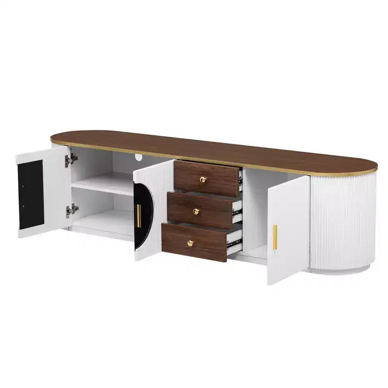 Meuble TV moderne avec tiroirs pour téléviseur de 80 pouces, meuble de rangement TV avec étagère, console multimédia avec placards et poignées en métal