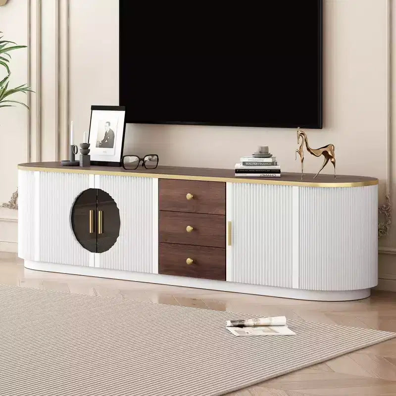 Meuble TV moderne avec tiroirs pour téléviseur de 80 pouces, meuble de rangement TV avec étagère, console multimédia avec placards et poignées en métal
