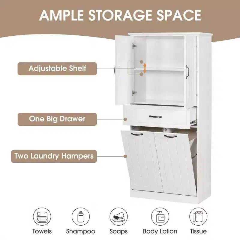 Meuble de rangement haut de salle de bain de 165 cm, avec double panier à linge basculant caché, meuble de rangement autonome pour salle de bain, cuisine, salon