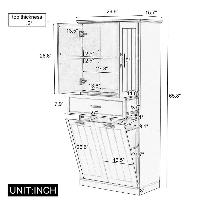 Meuble de rangement haut de salle de bain de 165 cm, avec double panier à linge basculant caché, meuble de rangement autonome pour salle de bain, cuisine, salon