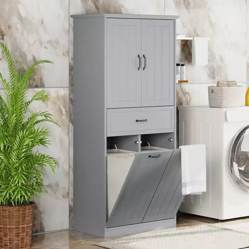 Meuble de rangement haut de salle de bain de 165 cm, avec double panier à linge basculant caché, meuble de rangement autonome pour salle de bain, cuisine, salon