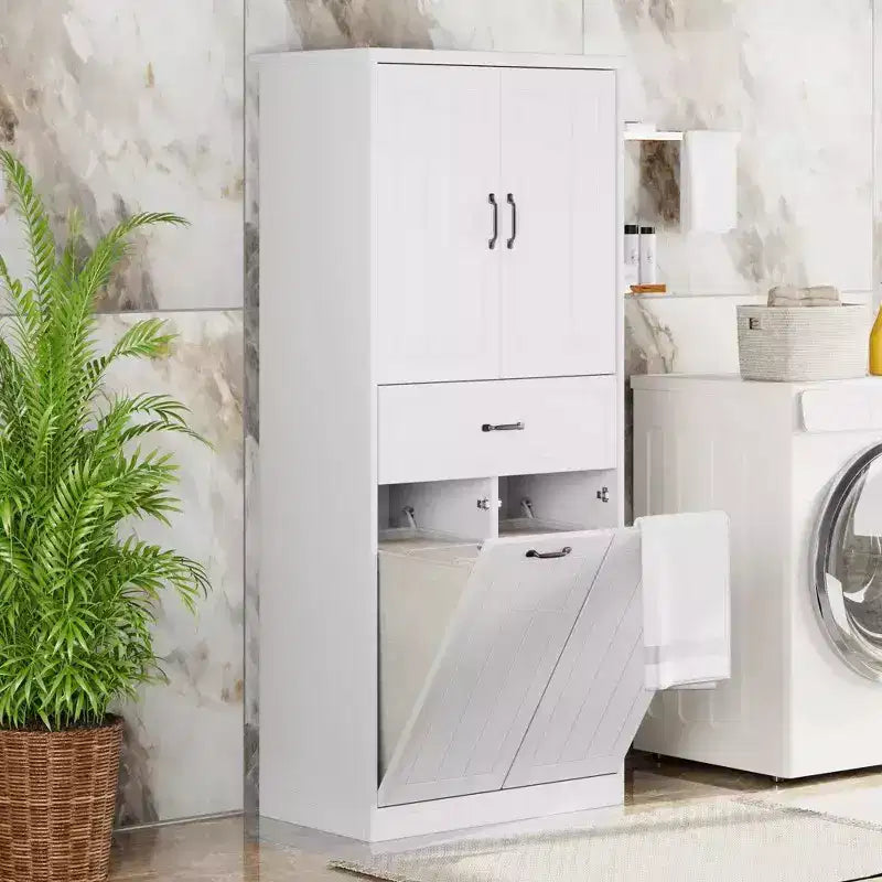 Meuble de rangement haut de salle de bain de 165 cm, avec double panier à linge basculant caché, meuble de rangement autonome pour salle de bain, cuisine, salon