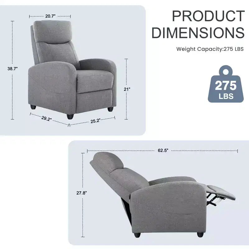 Fauteuil inclinable manuel Okak moderne rembourré avec repose-pieds réglable, Fauteuil de salon avec/sans massage et dossier haut