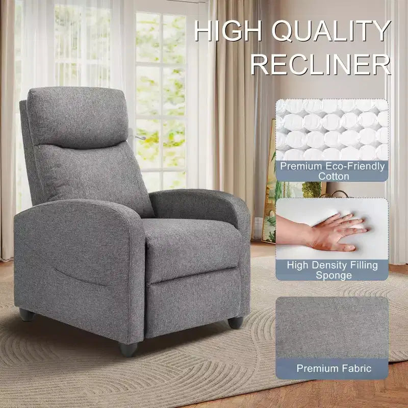 Fauteuil inclinable manuel Okak moderne rembourré avec repose-pieds réglable, Fauteuil de salon avec/sans massage et dossier haut