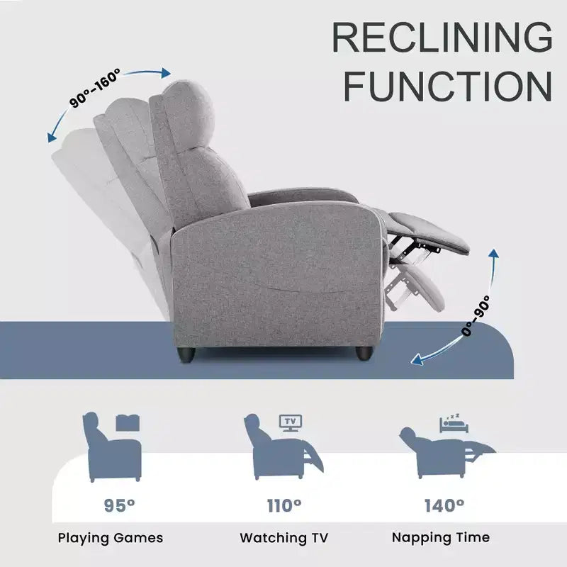 Fauteuil inclinable manuel Okak moderne rembourré avec repose-pieds réglable, Fauteuil de salon avec/sans massage et dossier haut
