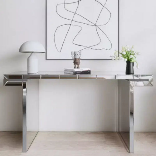 60 Mirrored Console Table with Fluted Glass Accents, Modern Full-Length Entryway Table for Living Room, Hallway or Behind Sofa - Panipeachy