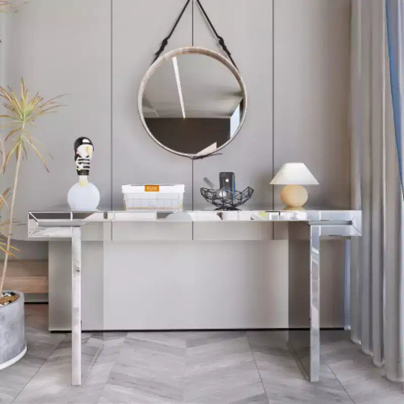 Table console miroir de 60 po avec accents de verre cannelé, table d'entrée moderne pleine longueur pour salon, couloir ou derrière un canapé - Panipeachy