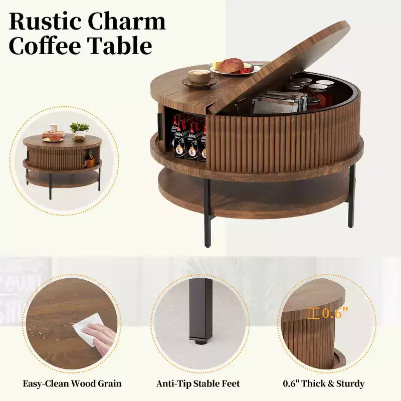 Table basse relevable ronde GDFStudio Lewis Rustic 31,5 avec rangement dissimulé
