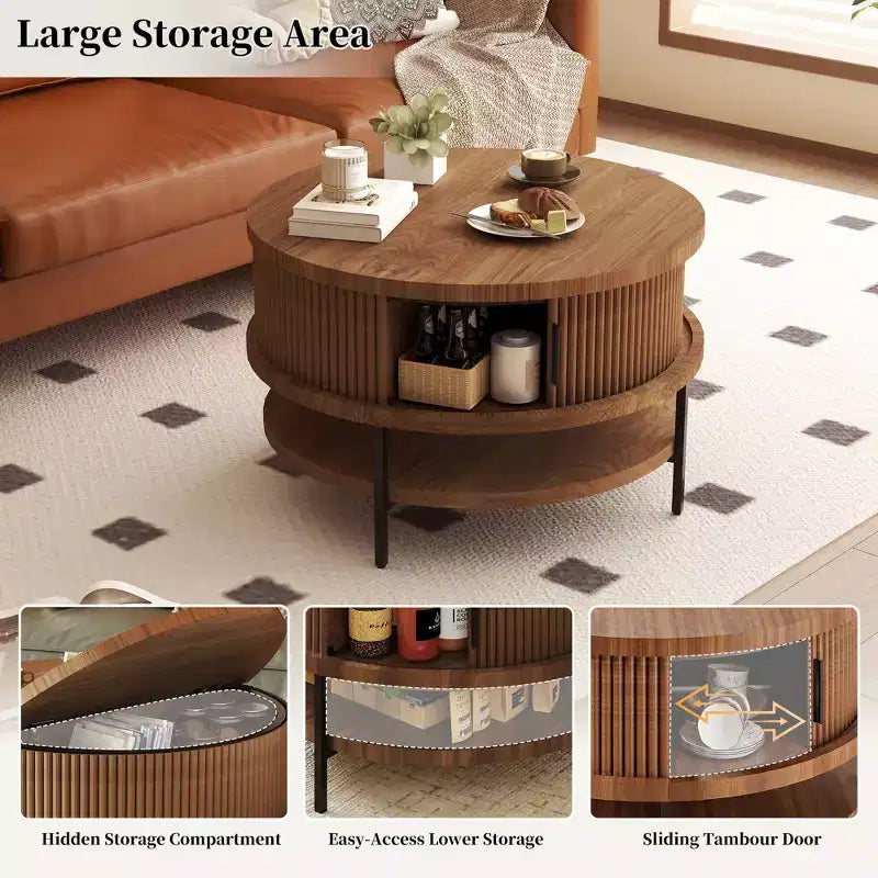 Table basse relevable ronde GDFStudio Lewis Rustic 31,5 avec rangement dissimulé