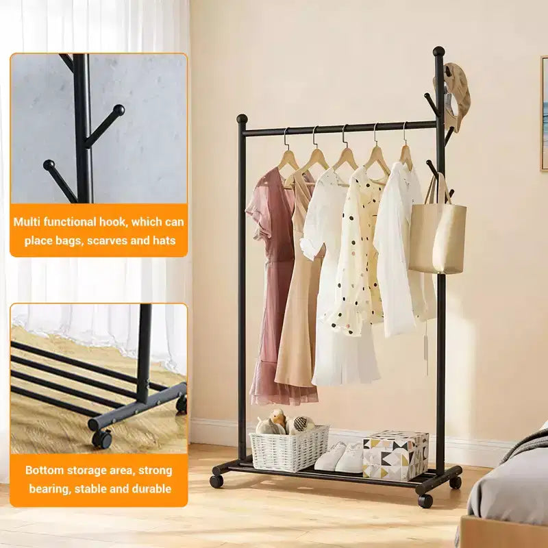 Porte-manteau métallique à roulettes, Portant à vêtements mobile à roulettes, Porte-manteau autoportant pour coin de chambre, couloir, entrée, salon