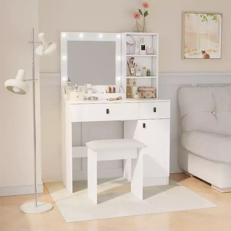 Coiffeuse élégante Okak avec miroir réglable 3 modes, coiffeuse avec grands tiroirs et étagères à trois niveaux, coiffeuse pour chambre à coucher, blanc
