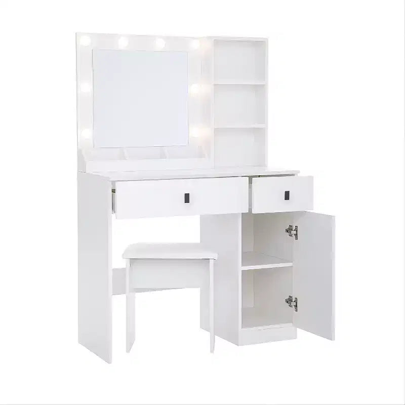 Coiffeuse élégante Okak avec miroir réglable 3 modes, coiffeuse avec grands tiroirs et étagères à trois niveaux, coiffeuse pour chambre à coucher, blanc