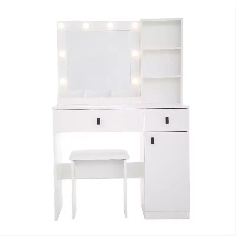 Coiffeuse élégante Okak avec miroir réglable 3 modes, coiffeuse avec grands tiroirs et étagères à trois niveaux, coiffeuse pour chambre à coucher, blanc