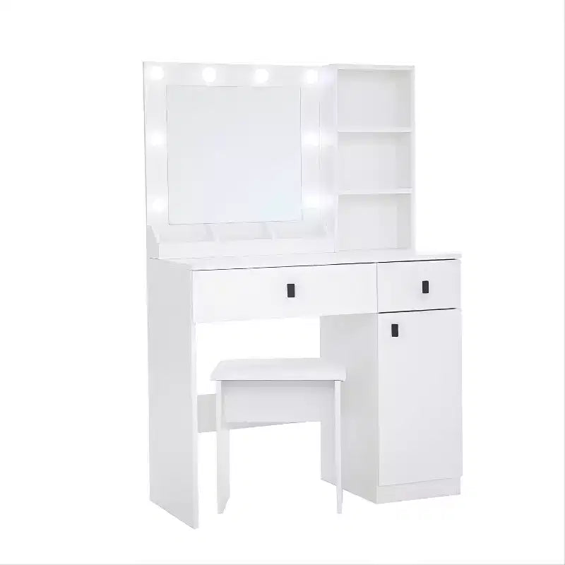 Coiffeuse élégante Okak avec miroir réglable 3 modes, coiffeuse avec grands tiroirs et étagères à trois niveaux, coiffeuse pour chambre à coucher, blanc